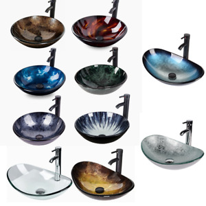 Bathroom Vessel Sink Faucet Combo Vanity Countertop Basin Bowl Tempered Glass