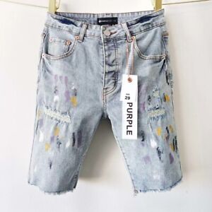 Purple brand splash-ink paint men's jeans slim ripped patch denim shorts