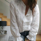 L New White Lace Long Sleeve Edwardian Boho Blouse Top Shirt Womens Size LARGE