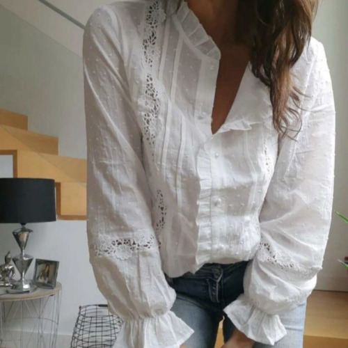 S New White Lace Long Sleeve Edwardian Boho Blouse Top Shirt Womens Size SMALL