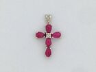 Cross Pendant Natural Ruby with Natural Diamond  Solid 14kt White Gold