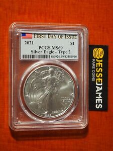 2021 $1 AMERICAN SILVER EAGLE PCGS MS69 FLAG FIRST DAY OF ISSUE LABEL TYPE 2
