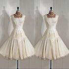 Short Wedding Dresses Tea Length Sleeveless Ivory Lace 1960s 70s Bridal Gowns