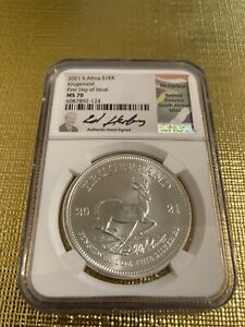 2021 SOUTH AFRICA SILVER KRUGERRAND NGC MS70 FIRST DAY OF ISSUE ED HARBUZ SIGNED