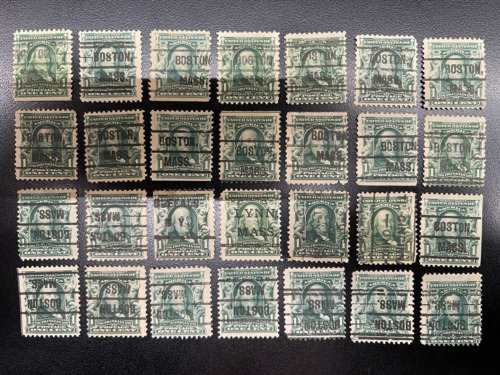 28-Used US Stamp Collection. Precanceled 1 Cent Franklin #300. Duplicates.