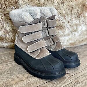 Womens LL Bean Taupe Suede Hook & Loop Insulated Winter Snow Boots Size 8 M GUC