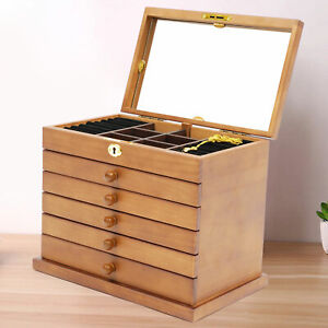 Jewelry Box Wood for Wowen 6-Layer Large Organizer Box with Mirror & 5 Drawers