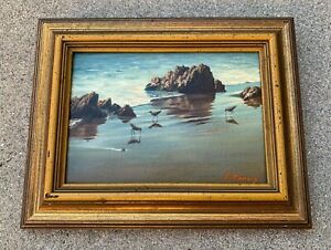 LOVELY VINTAGE SMALL SEASCAPE OIL PAINTING ON CANVASBOARD / SIGNED 