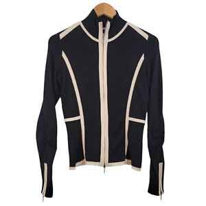 Magaschoni Black Cardigan Silk Cashmere Full Zip Sweater Cream Trim Sz 2