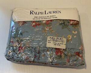 Ralph Lauren YVETTE Blue Floral Bed Sheet Ruffled Edge Full FLAT - NOS-irregular