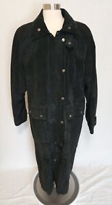 Wilsons Mens Black Suede Leather Trench Coat Size Medium Adventure Bound 90s VTG