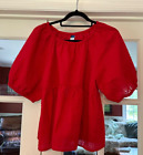 Large Old Navy Red Flowy Top Blouse Babydoll Boho Cotton Blend Elastic Balloon