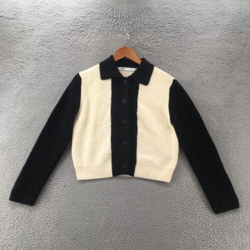 Zara Cropped Cardigan Sweater Womens S Black White Long Sleeve Button Up Collar