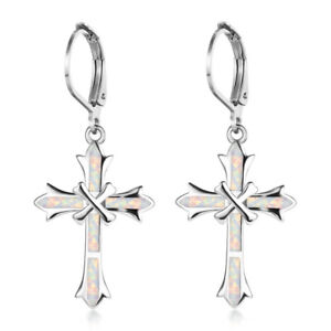 Fashion Cross White Simulated Opal Inlay Dangle Drop Earrings Silver Jewelry 01