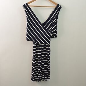 Umgee USA Dress Womens Large Navy Blue Stripe Cotton Polyester Wrap Waist Define