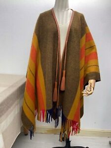 Women Cashmere Wool Autumn Winter Tassel Striped Cape Cloak Poncho Wraps Gift