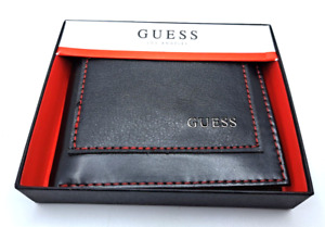 Guess Los Angeles Men's Bifold Logo Leather Wallet Black Red Stitch