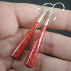 925 Sterling Silver Long Teardrop Natural Red Coral Earrings Jewelry, RCE-203