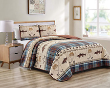 River Fly Fishing Themed Rustic Cabin Lodge Quilt Stitched Bedspread Bedding
