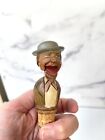 Vintage ANRI Mechanical Carved Wood Bottle Stopper Cork “ Man w Droppings Jaw”