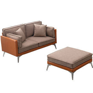 Mid Century 2 Pieces Sofa Couch Set, Modern 2 Seater Couch with Flexible Ottoman