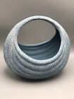 Blue Faux Wicker White Wash Ceramic Crescent Half Moon Egg Decorative Basket