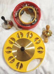 Lot of Percussion Instruments: Wooden / Plastic Tambourines / Cymbals / Bell