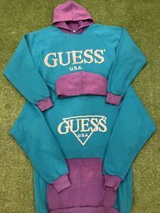 Lot 2x Vintage 90s Guess Hoodie Colorblock Teal Purple Pullover Men's Large USA