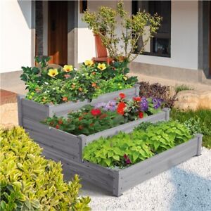 Garden Raised Bed 3 Tier Elevated Fir Wood Garden Planter For Vegetable Flowers