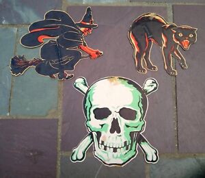 Halloween Diecut Lot of 3 Skull & Crossbones, Cat, Witch American Merri-Lei VTG