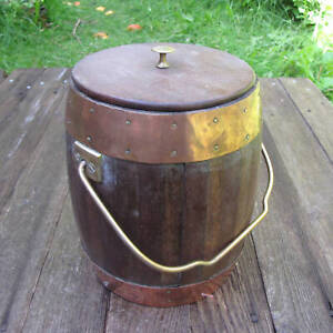 Old Wood with Copper and Brass Barrel / Biscuit / Storage Jar