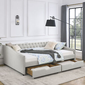 Queen Size Daybed with 2 Drawers Upholstered Bed Frame Sofa Bed with Storage