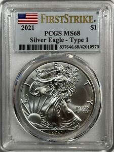 PCGS 2021 MS68 American Silver Eagle Type 1 Silver Dollar First Strike ASE $1