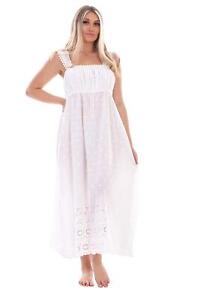 Women Pure Cotton Nightdress Victorian Style White Sleeveless Strap Embroidered