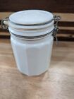 Vintage White Milk Glass Storage Jar with Wire Bail 5.75” Tall, 12 Sided Design