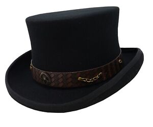 Victorian Western Steampunk Men Top Hat with Leather Band and Chain