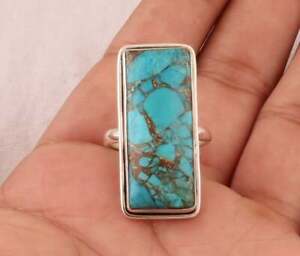 925 Sterling Silver Blue Copper Turquoise Rectangle Shape Ring Fine jewelry