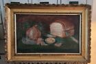 ANTIQUE OIL PAINTING On Board Still Life Food Gold Gesso Frame Signed