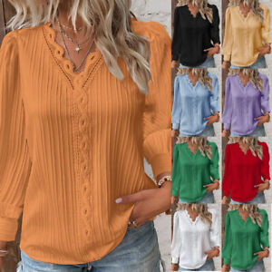 Womens V neck Summer Ladies T-Shirt Blouse Long Sleeve Tops Pullover Plus Size
