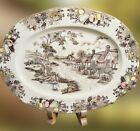 Ironstone Transferware Platter Brown cottages Made in Japan 17” X 12.75” X 1.25”