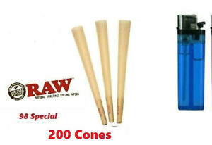 Authentic Raw Classic 98mm Cones w/Filter tips pre rolled 200 CONE + LIGHTER