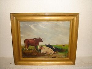 Very old oil painting,{ Landscape with three cows, nice frame, is antique! }.