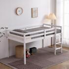 Twin Size Loft Platform Bed Frame with Ladder and Guardrail Soild Wood