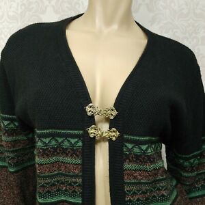 Vintage 80s 90s Cardigan Sweater Jumper Womens L Brown Green Cotton Blend