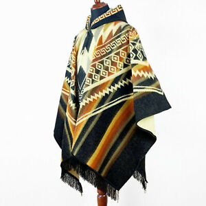 Alpaca wool Hooded Poncho Unisex Aztec pattern all seasons boho hippie XXL BLACK