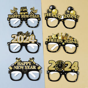 6pcs New Year 2024 Paper Glasses Black Gold Photo Props New Year Party Decor