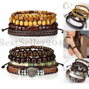 8PCS Lots Tribal Beaded Braided Leather Cuff Bracelets Wristbands Womens Mens