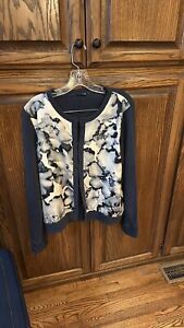 Magaschoni Navy Blue Cardigan W/ Blue Watercolor Floral Silk Panels Size L