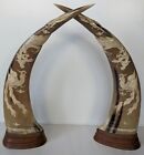 Pair of Vintage Chinese Domestic Water Buffalo Horns Carved Dragon Phoenix 17in