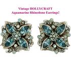 HOLLYCRAFT Earrings Aquamarine Rhinestone SIGNED Clips Silver Vintage 1950's
